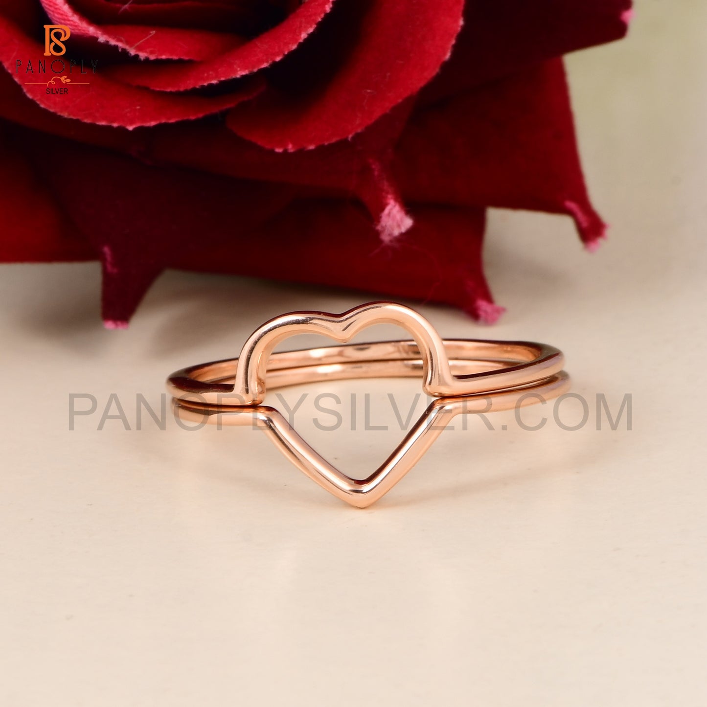 925 Silver Rose Gold Double Band Heart Ring