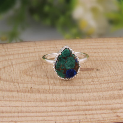 Mojave Copper Azurite Malachite Pear Shape 925 Silver Ring