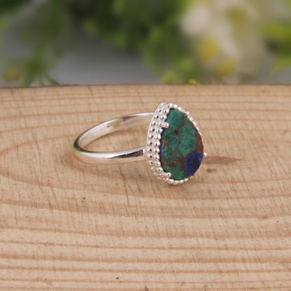 Mojave Copper Azurite Malachite Pear Shape 925 Silver Ring