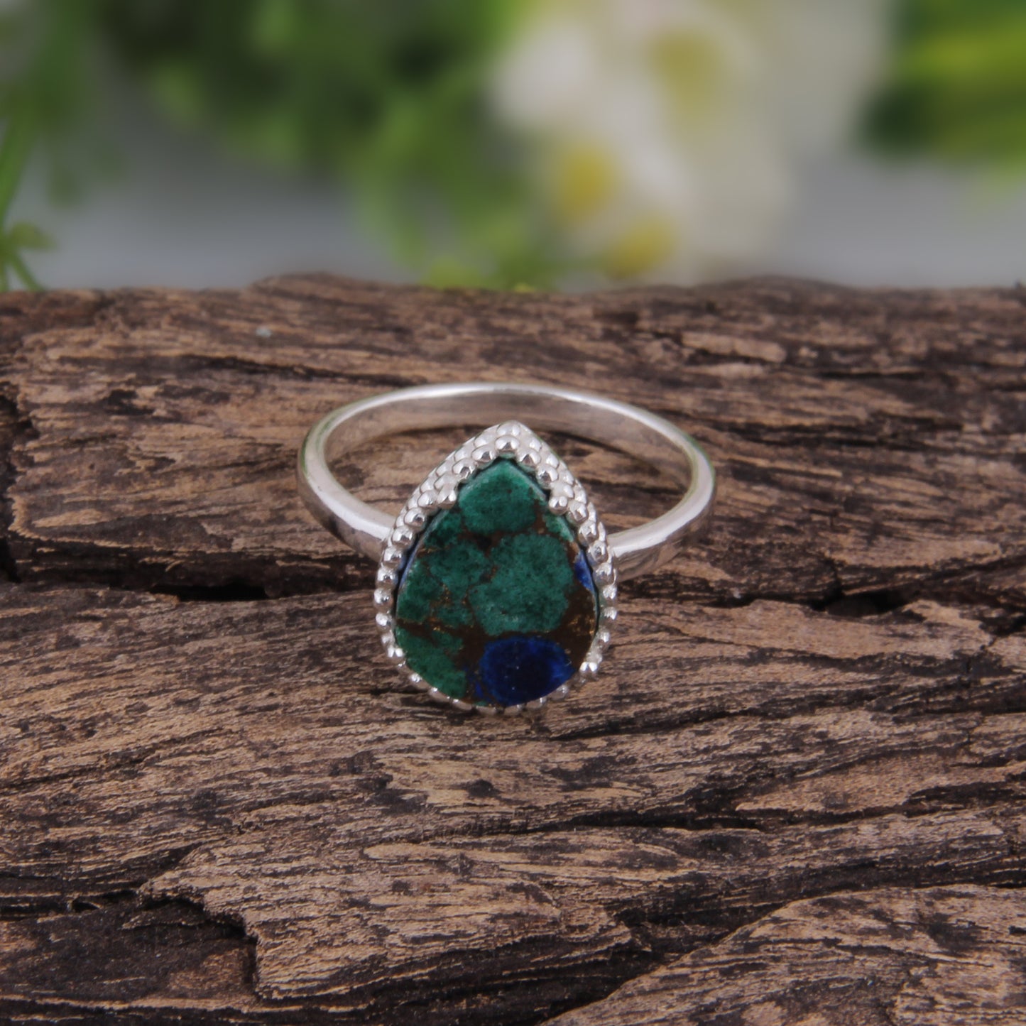 Mojave Copper Azurite Malachite Pear Shape 925 Silver Ring