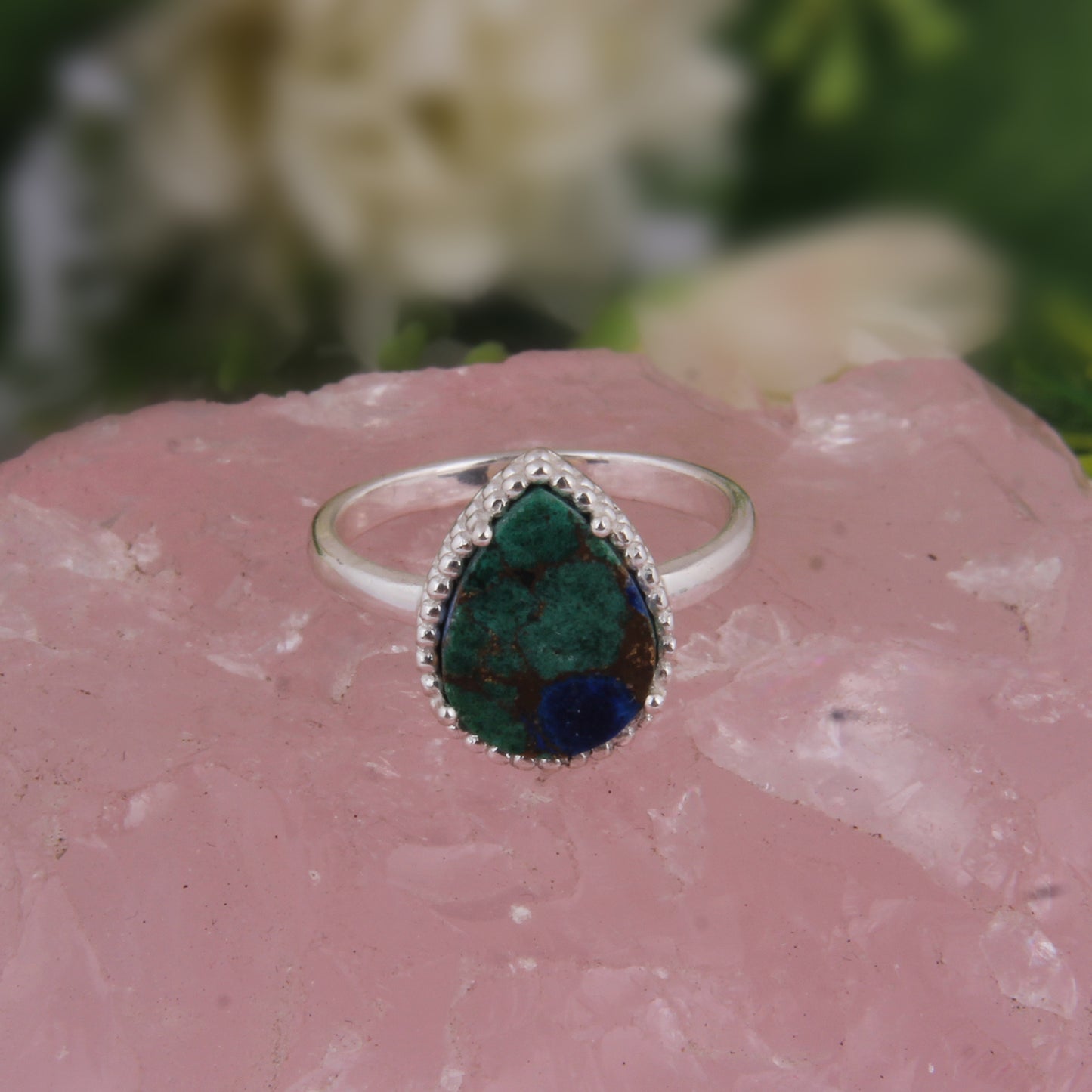 Mojave Copper Azurite Malachite Pear Shape 925 Silver Ring