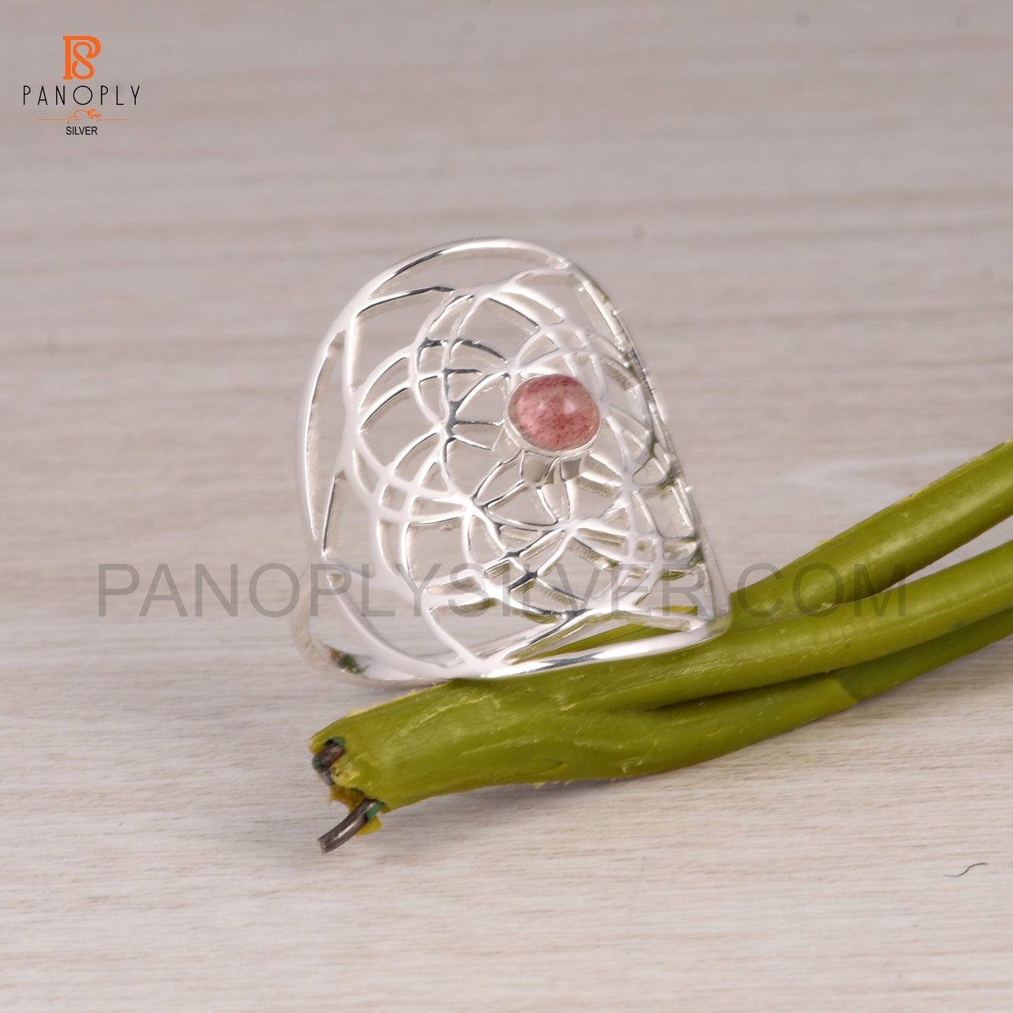 Strawberry Quartz Mandala Floral Design Ring