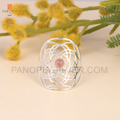 Strawberry Quartz Mandala Floral Design Ring