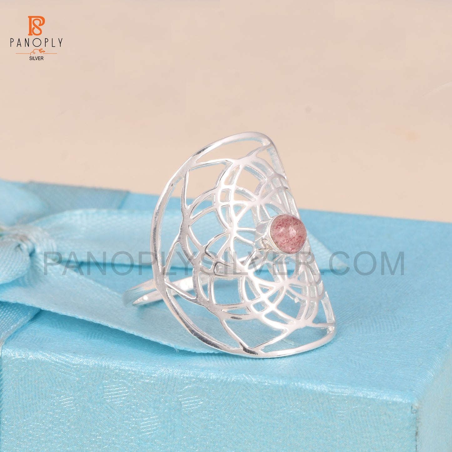 Strawberry Quartz Mandala Floral Design Ring