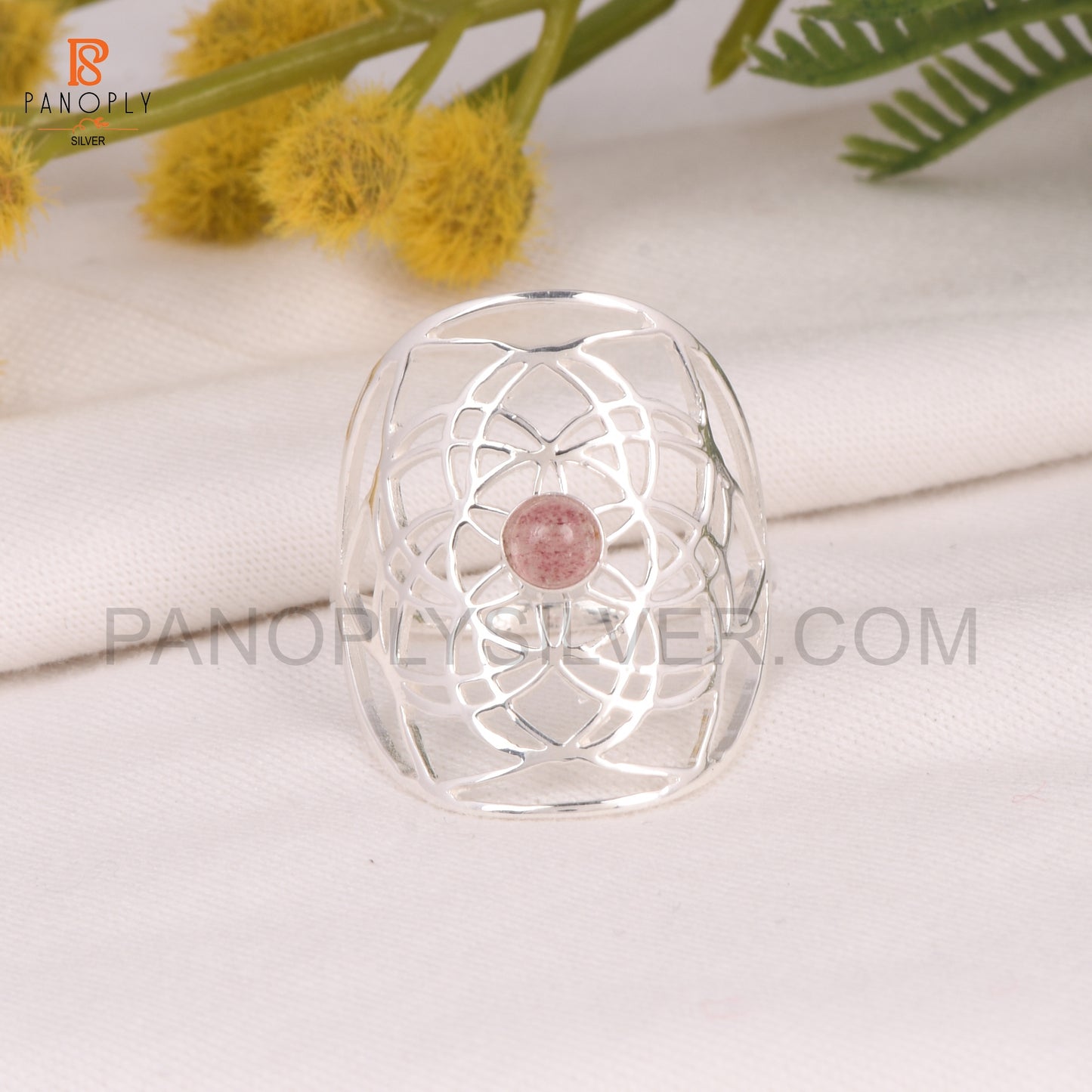 Strawberry Quartz Mandala Floral Design Ring