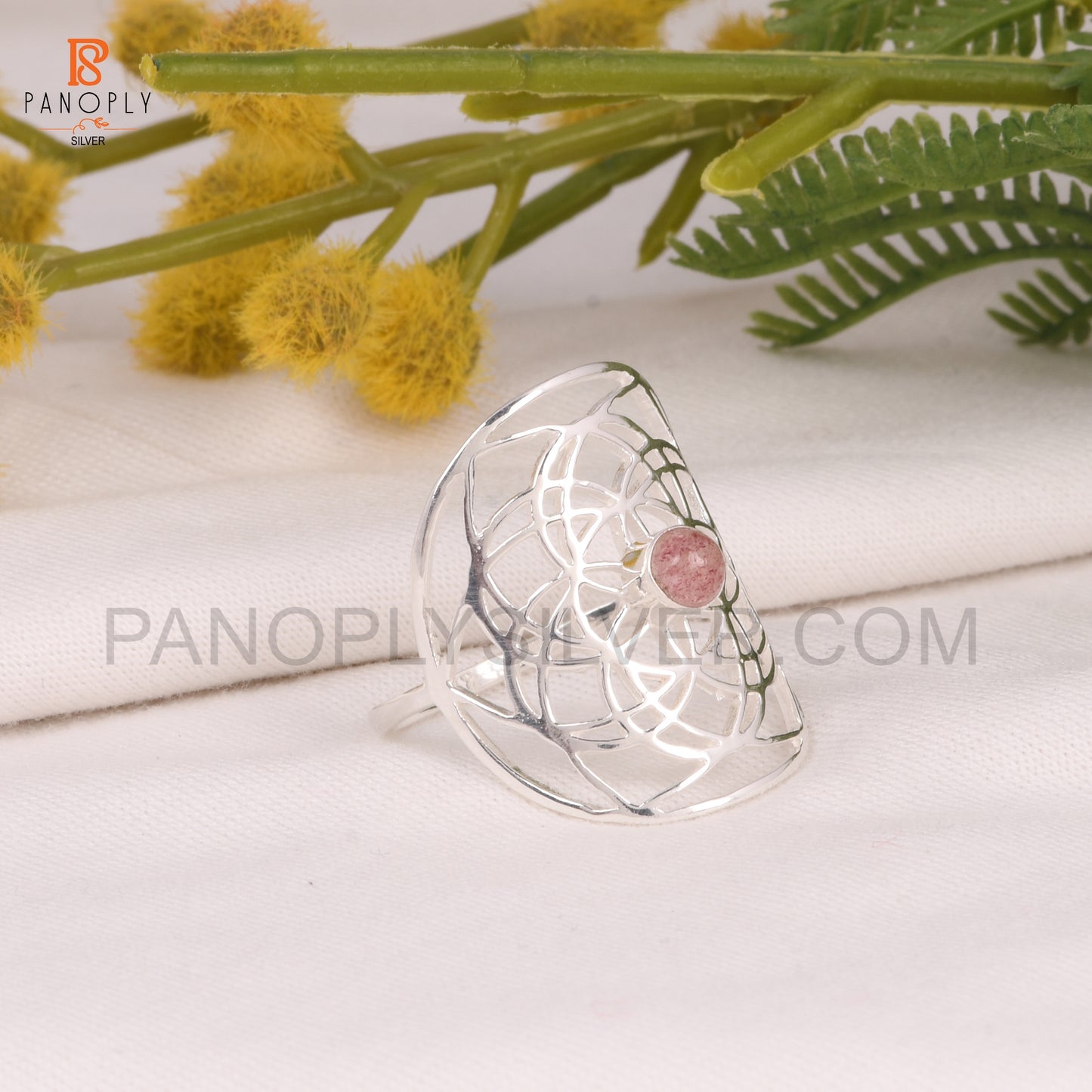 Strawberry Quartz Mandala Floral Design Ring