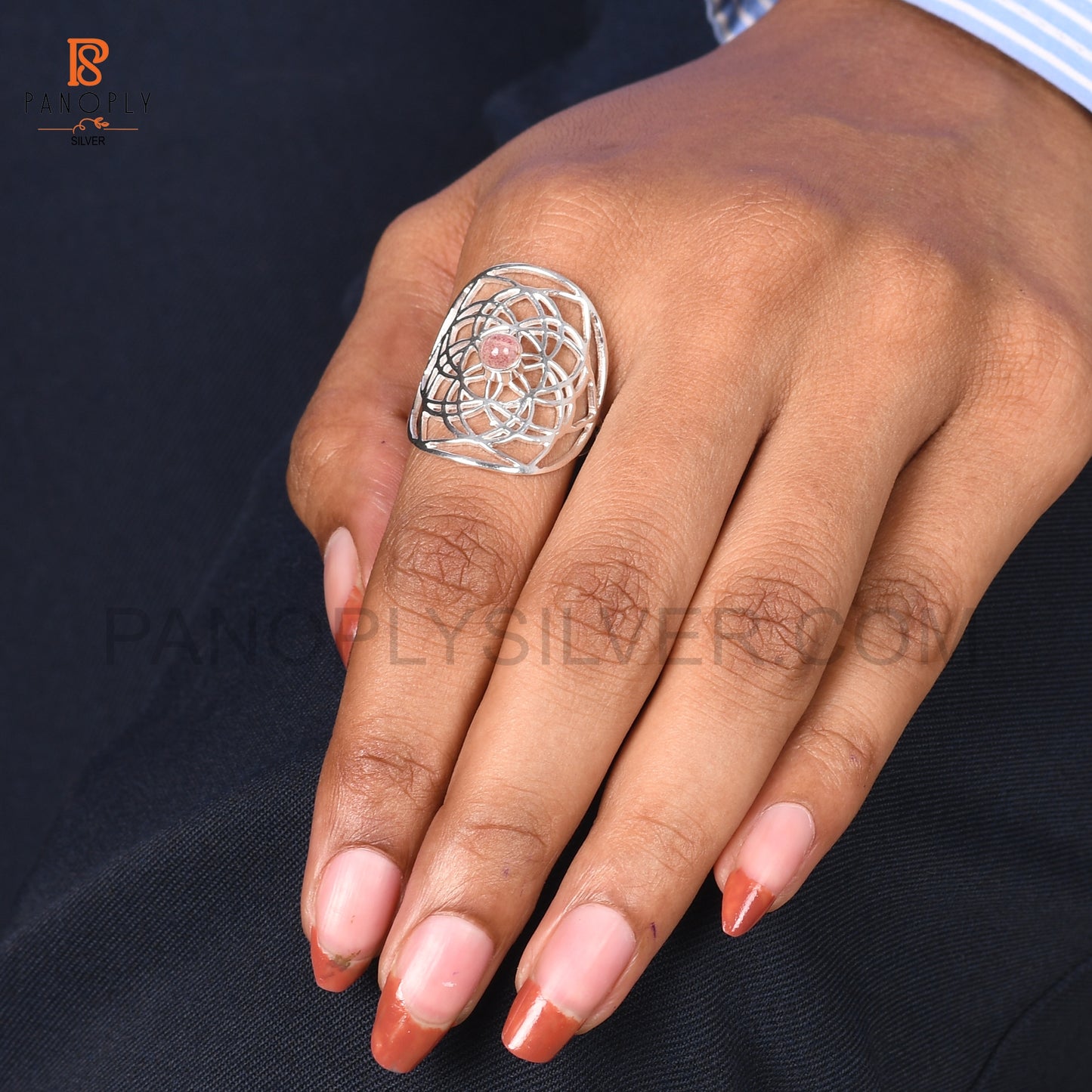 Strawberry Quartz Mandala Floral Design Ring