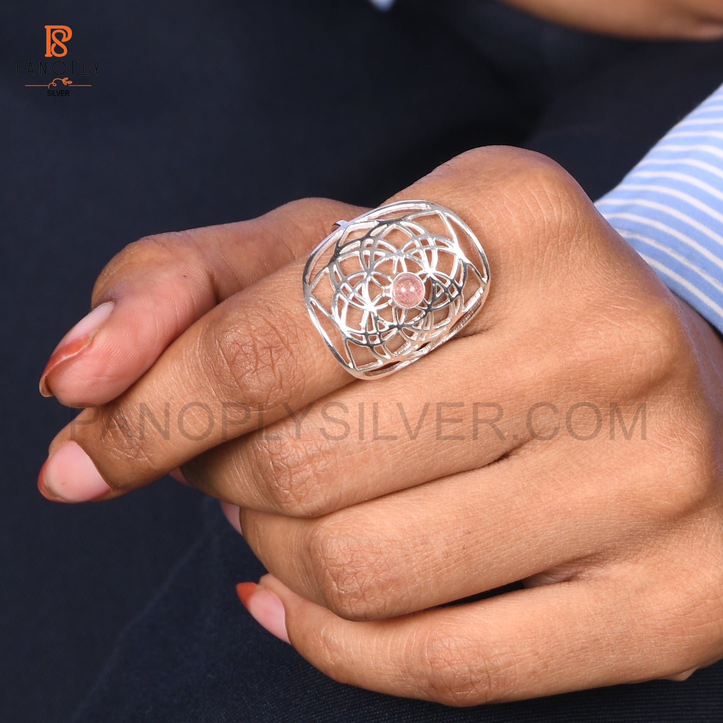 Strawberry Quartz Mandala Floral Design Ring