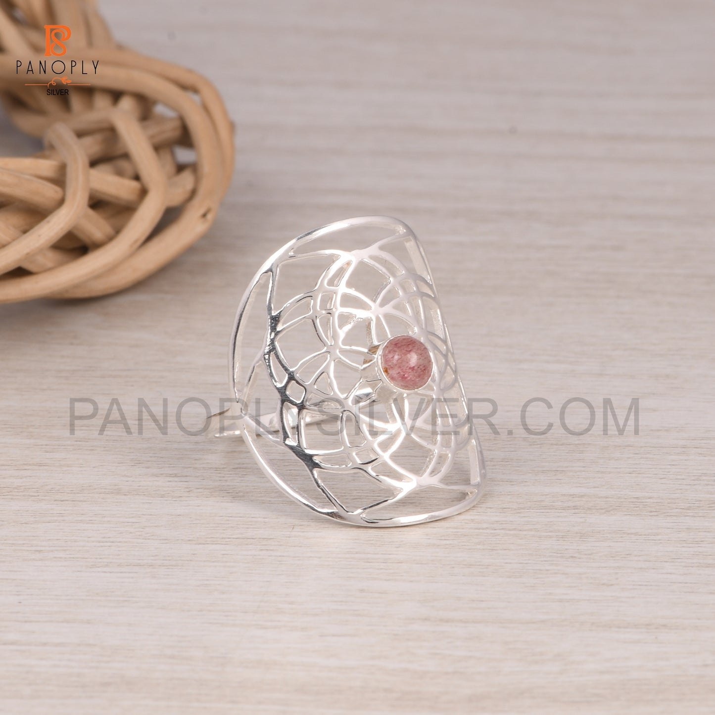 Strawberry Quartz Mandala Floral Design Ring