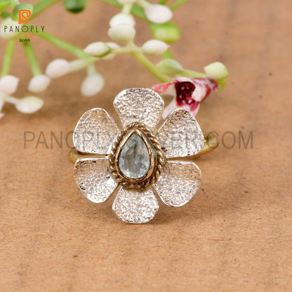 925 Sterling Silver Dual Tone Blue Topaz Stone Flower Ring for Women