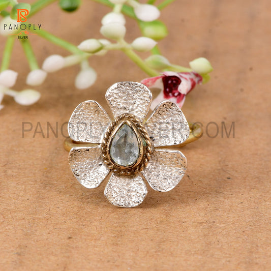 925 Sterling Silver Dual Tone Blue Topaz Stone Flower Ring for Women