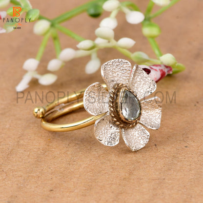 925 Sterling Silver Dual Tone Blue Topaz Stone Flower Ring for Women