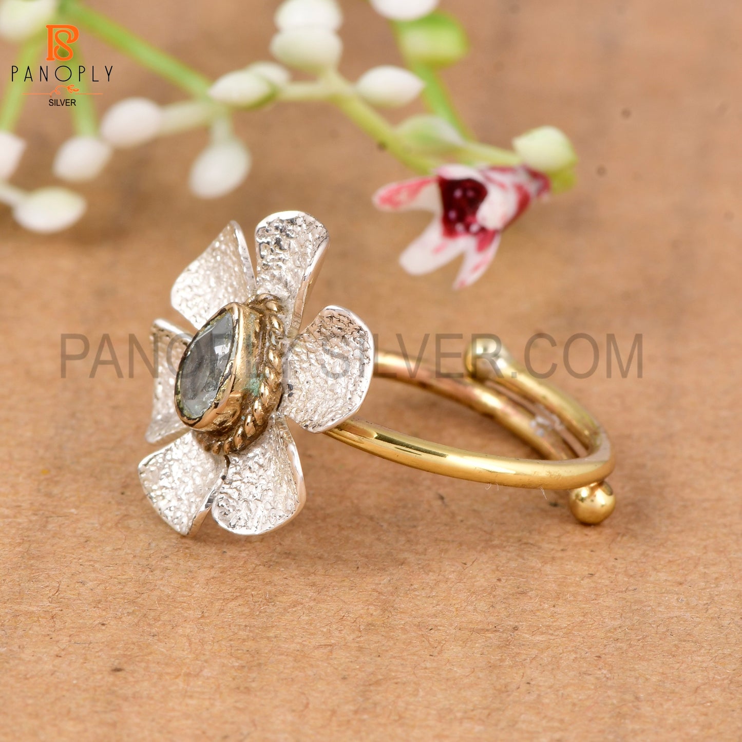 925 Sterling Silver Dual Tone Blue Topaz Stone Flower Ring for Women