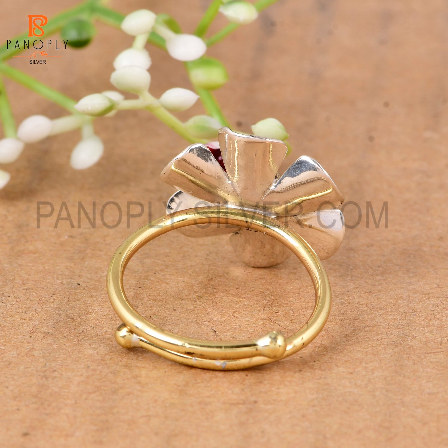 925 Sterling Silver Dual Tone Blue Topaz Stone Flower Ring for Women
