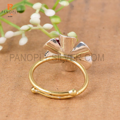 925 Sterling Silver Dual Tone Blue Topaz Stone Flower Ring for Women