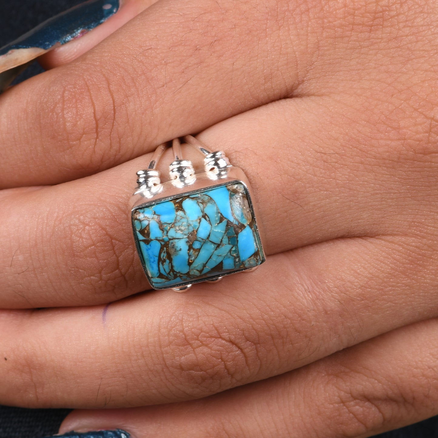 Cute Simple Mojave Copper Turquoise 925 Sterling Silver Ring