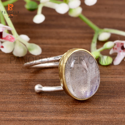 925 Sterling Silver Dual Tone Doublet Gray MOP Crystal Adjustable Ring for Women Minimalist Oval Statement Ring