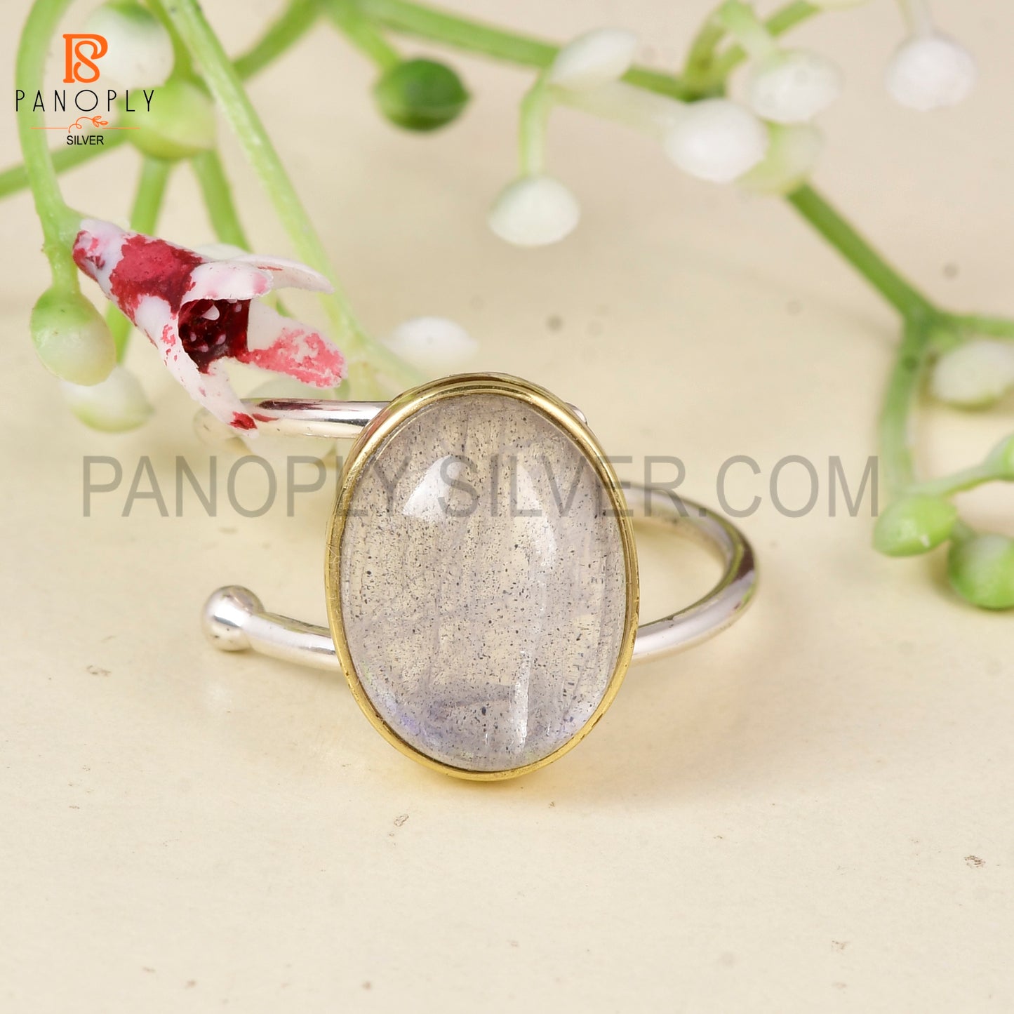 925 Sterling Silver Dual Tone Doublet Gray MOP Crystal Adjustable Ring for Women Minimalist Oval Statement Ring