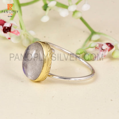 925 Sterling Silver Dual Tone Doublet Gray MOP Crystal Adjustable Ring for Women Minimalist Oval Statement Ring