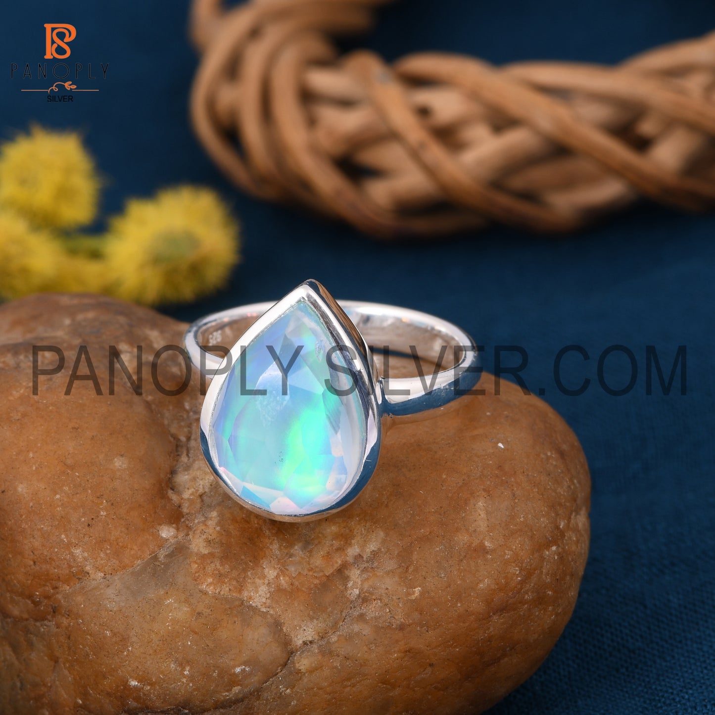 925 Sterling Silver Pear Shape Aurora Opal Sky Rings