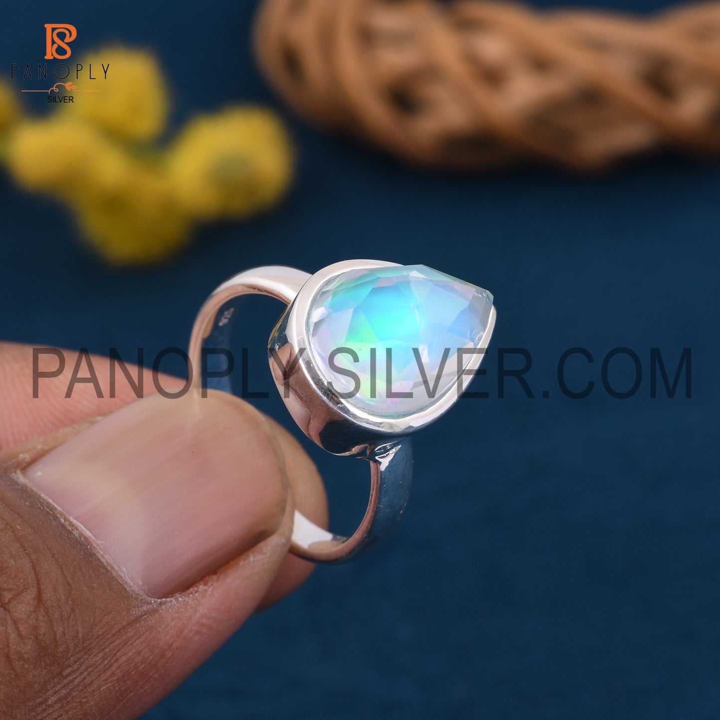925 Sterling Silver Pear Shape Aurora Opal Sky Rings