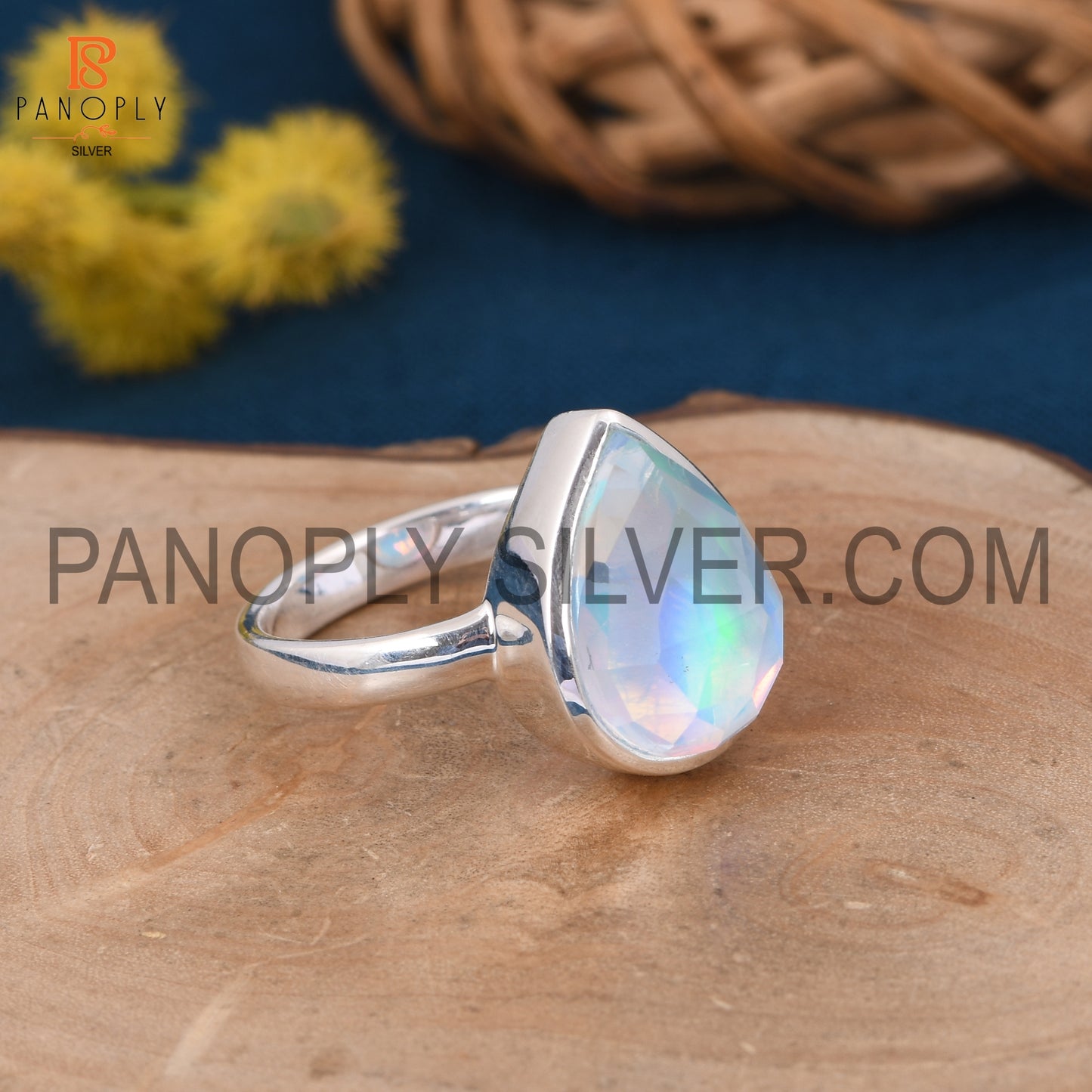 925 Sterling Silver Pear Shape Aurora Opal Sky Rings