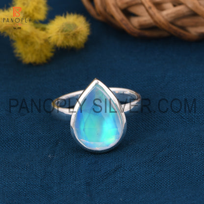 925 Sterling Silver Pear Shape Aurora Opal Sky Rings