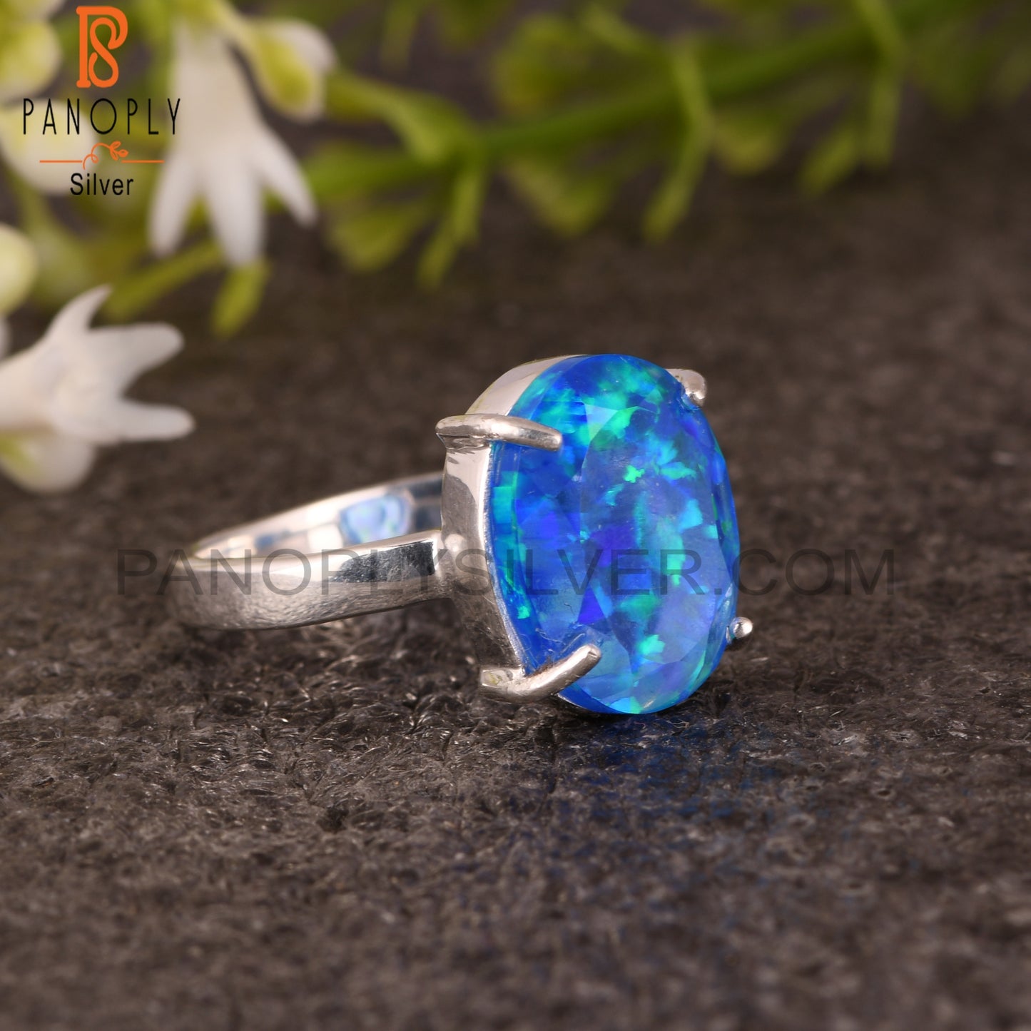 Synthetic Green Fire Opal 925 Silver Ring