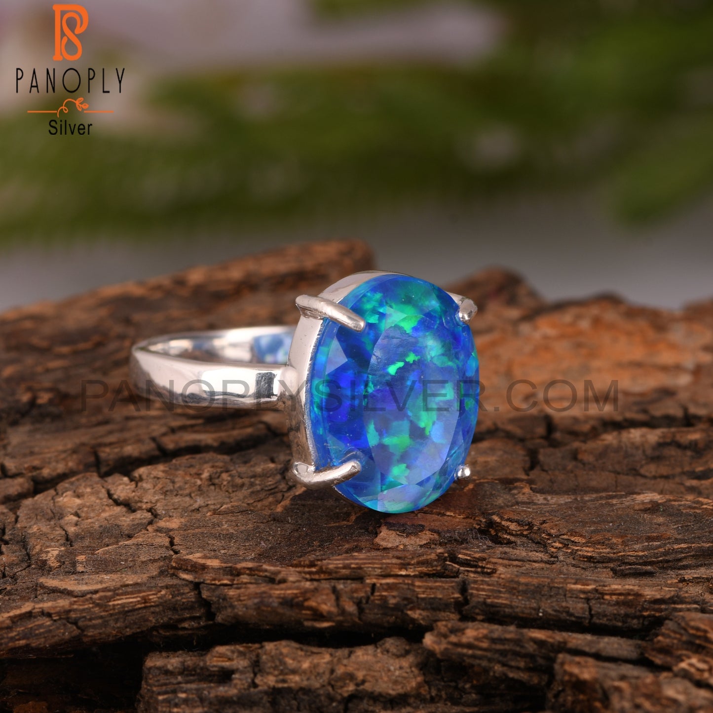 Synthetic Green Fire Opal 925 Silver Ring