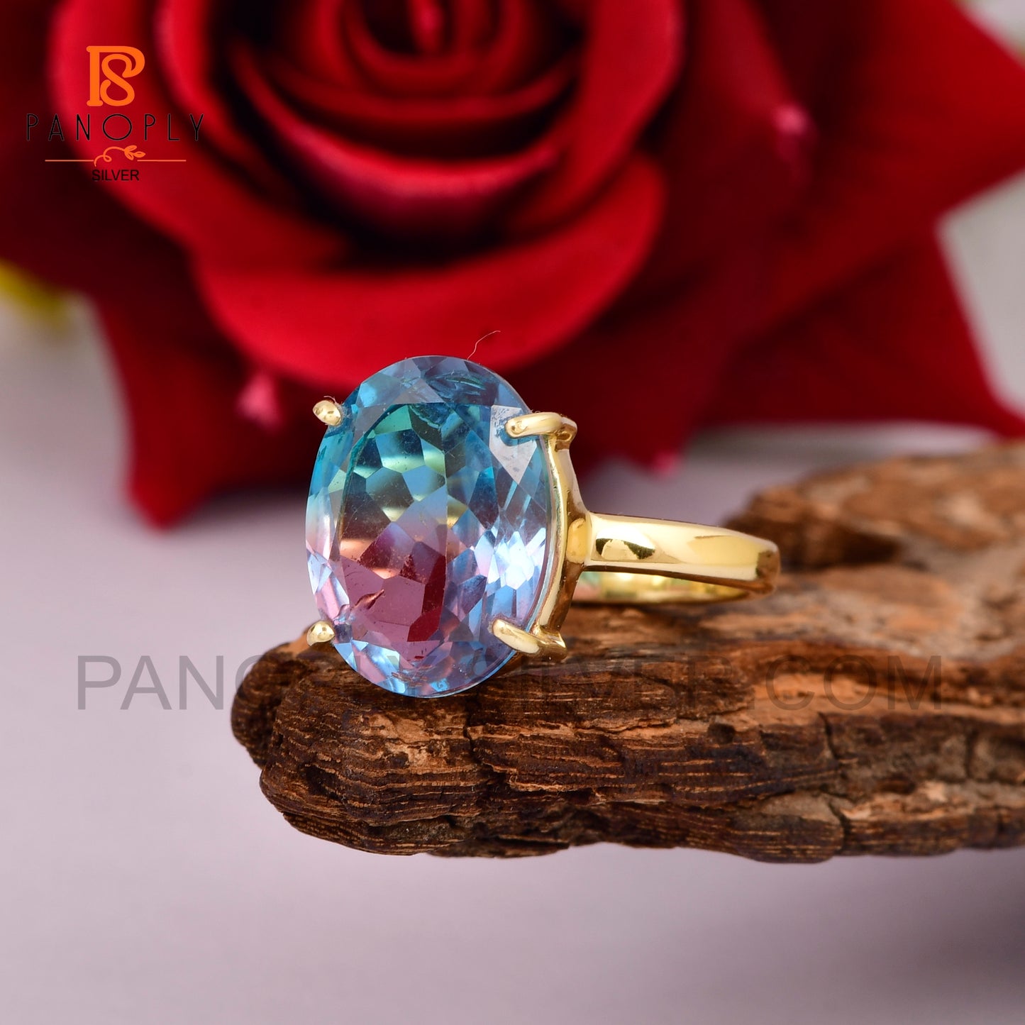 18k Gold & 925 Silver Alexandrite Ring – Color Changing Purple to Blue
