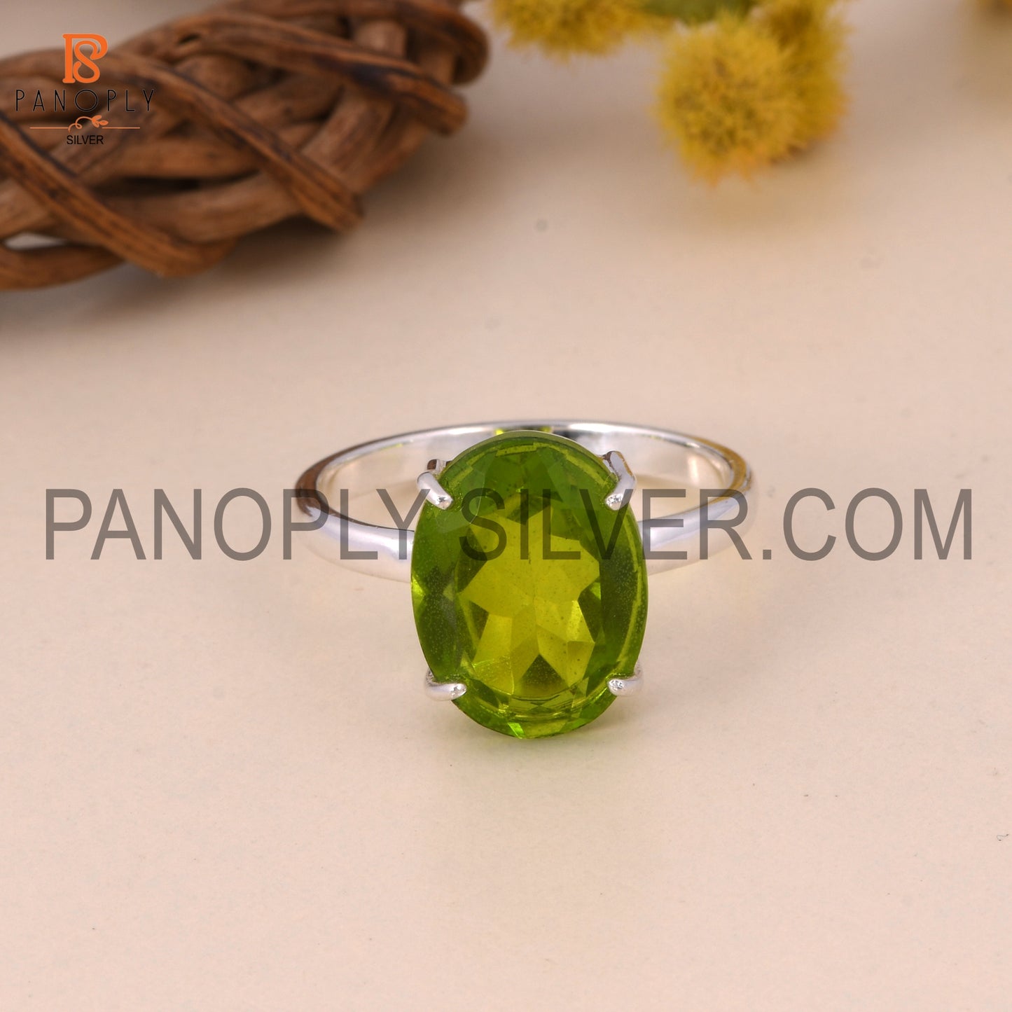 Oval 925 Silver Double Peridot Quartz Gem Prong Set Rings