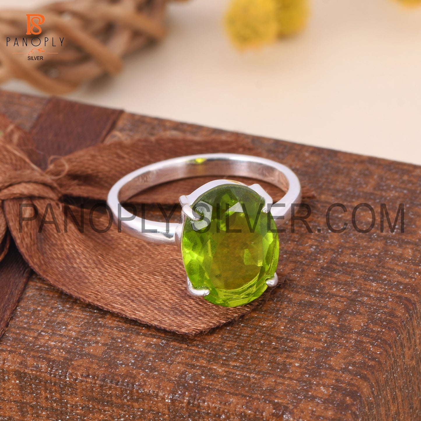 Oval 925 Silver Double Peridot Quartz Gem Prong Set Rings