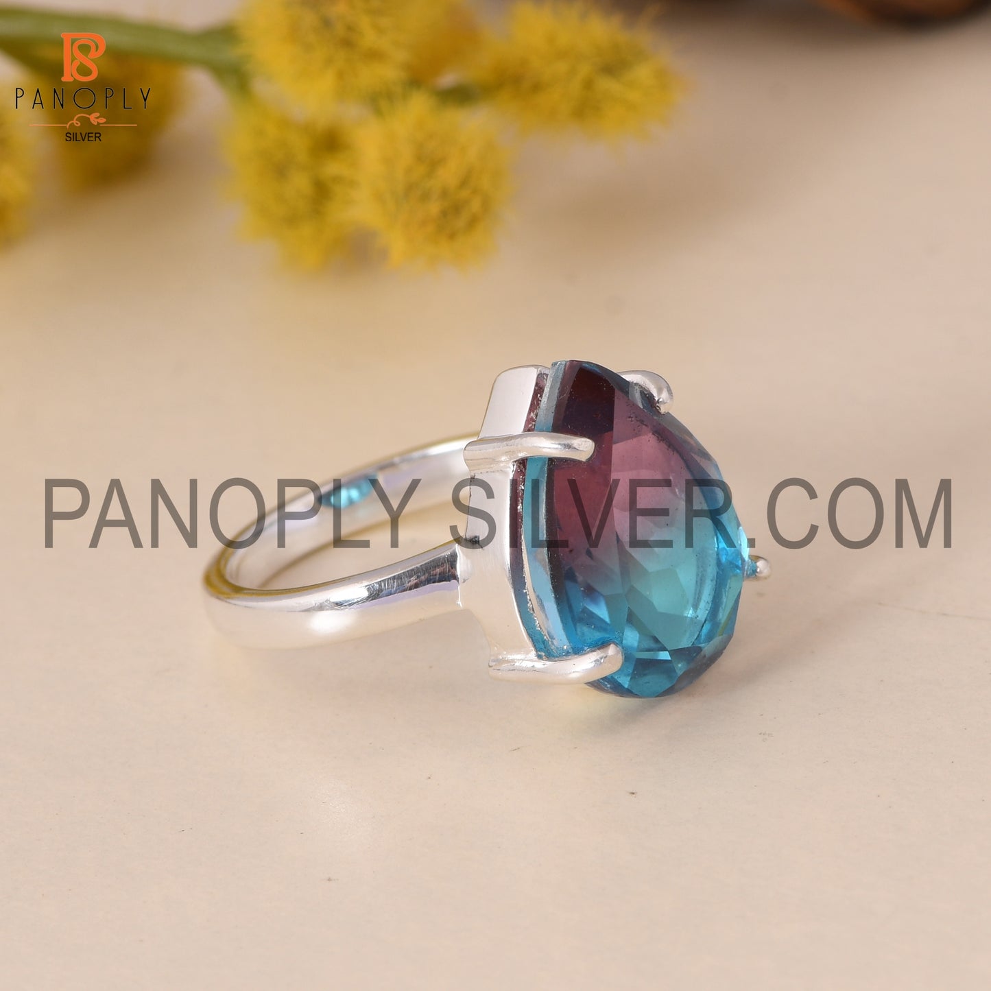 Fine 925 Silver Pear Cut Bio Alexandrite Doublet Quartz Set Ring