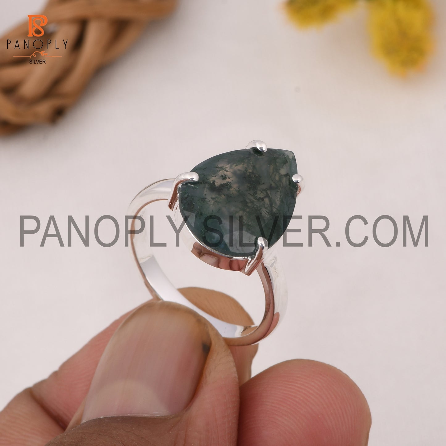 925 Silver Hypoallergenic Moss Agate Engagement Ring