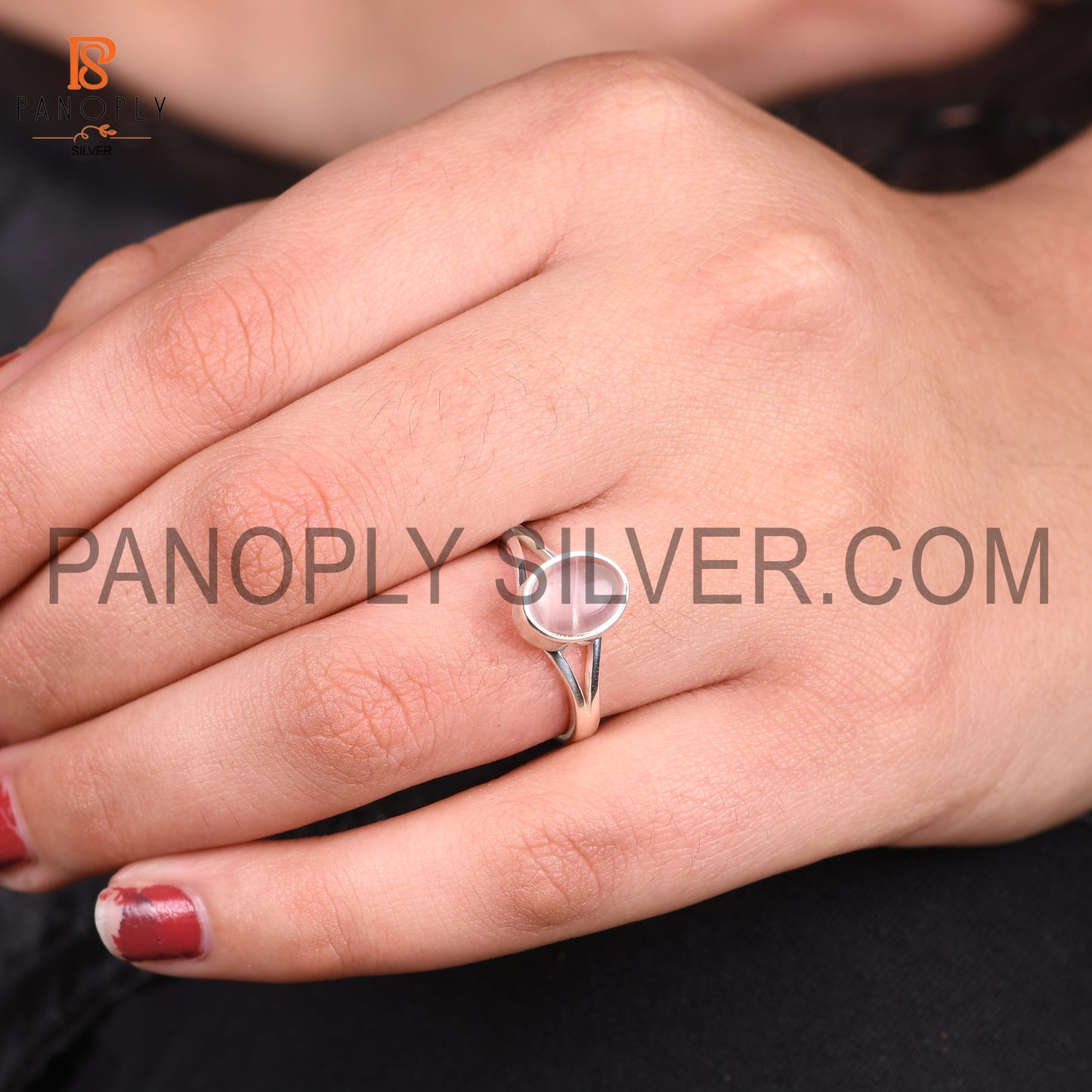 925 Silver Rose Quartz Split  Band Ring For Girls