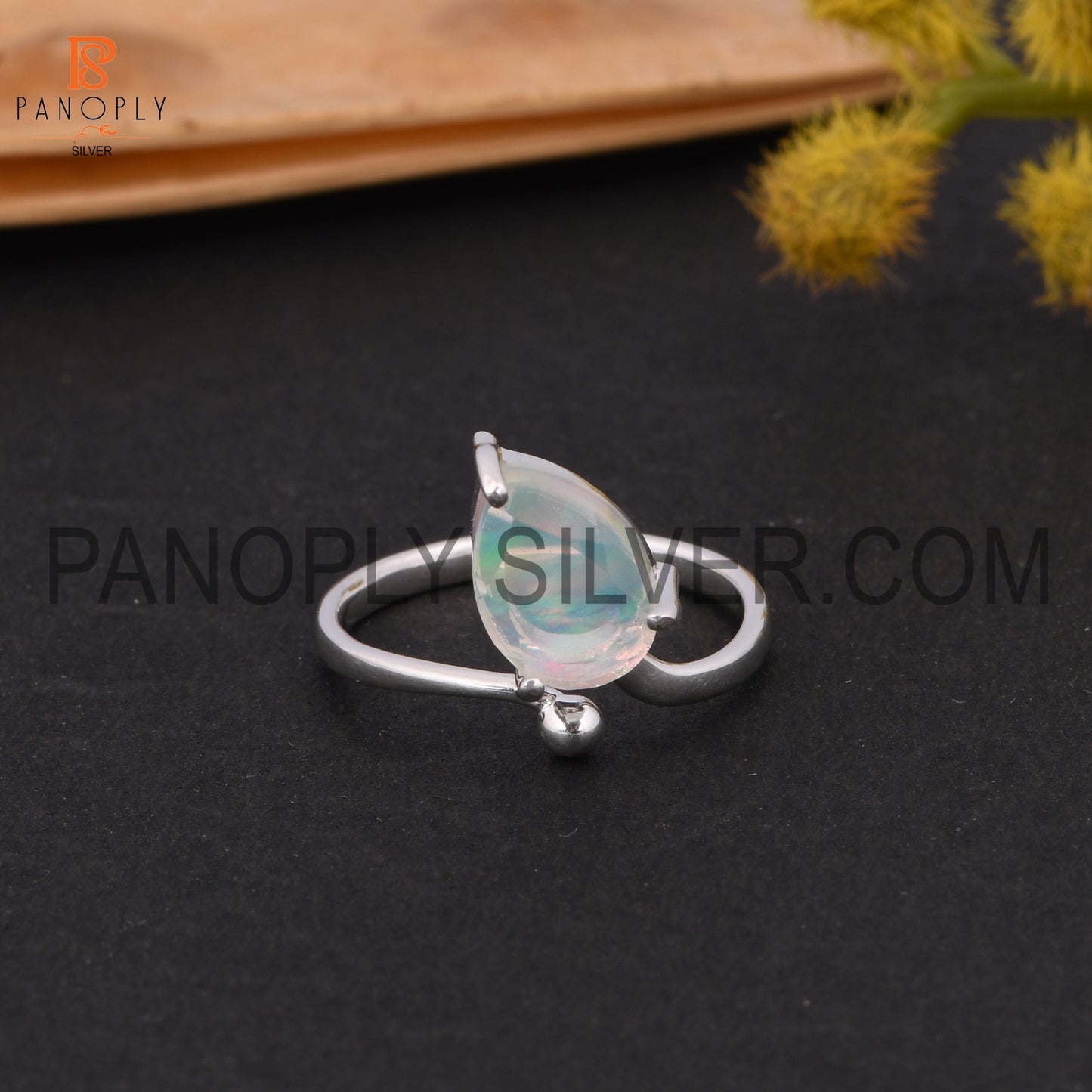 925 Silver Pear Shape Adjustable Aurora Opal White Gem Rings
