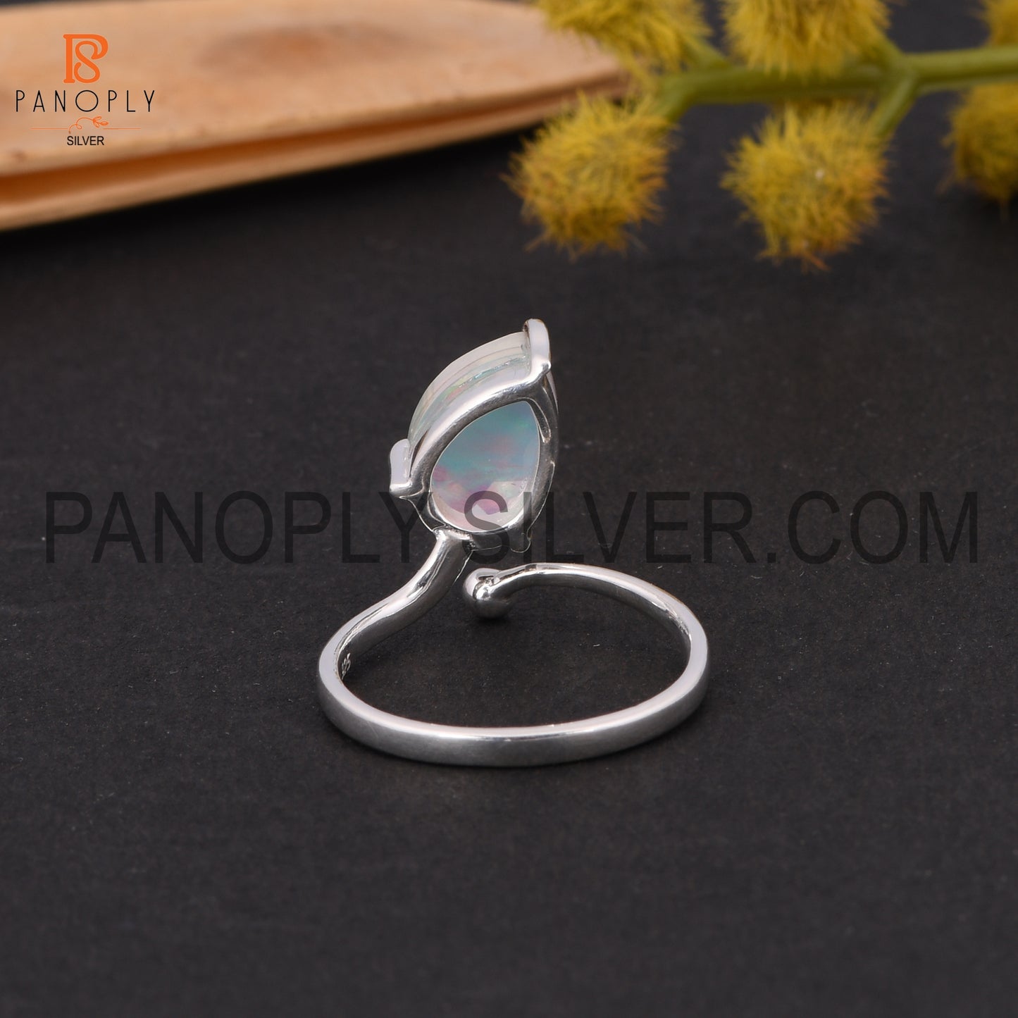 925 Silver Pear Shape Adjustable Aurora Opal White Gem Rings
