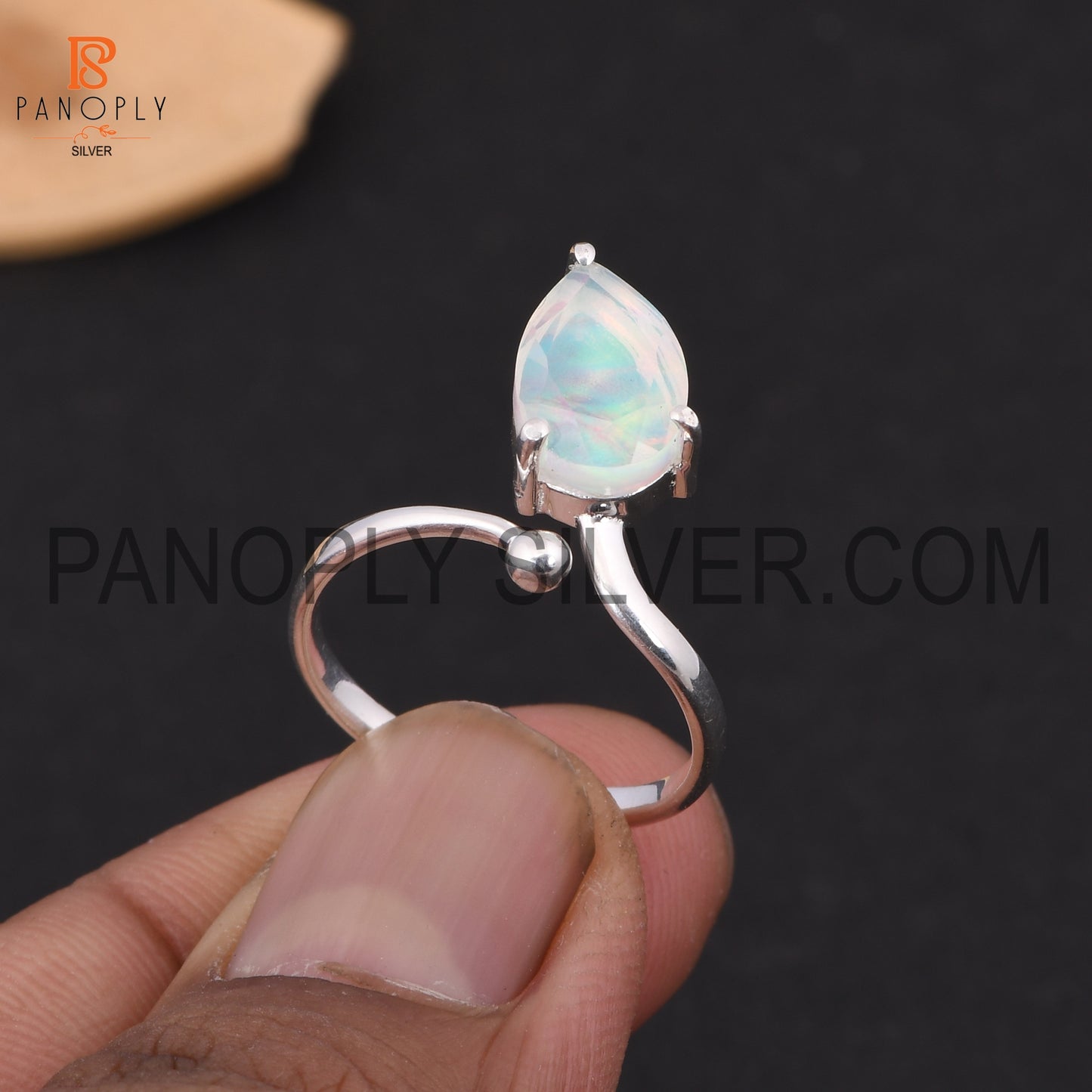 925 Silver Pear Shape Adjustable Aurora Opal White Gem Rings