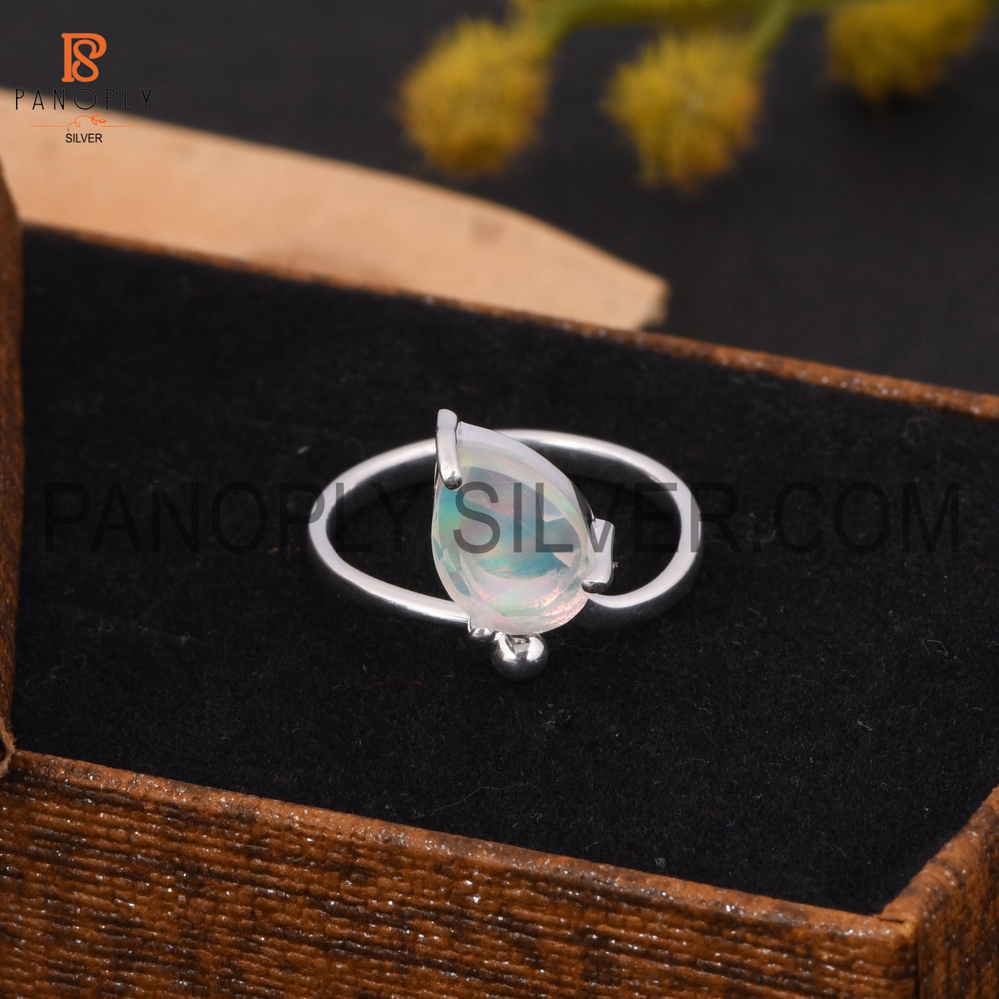 925 Silver Pear Shape Adjustable Aurora Opal White Gem Rings