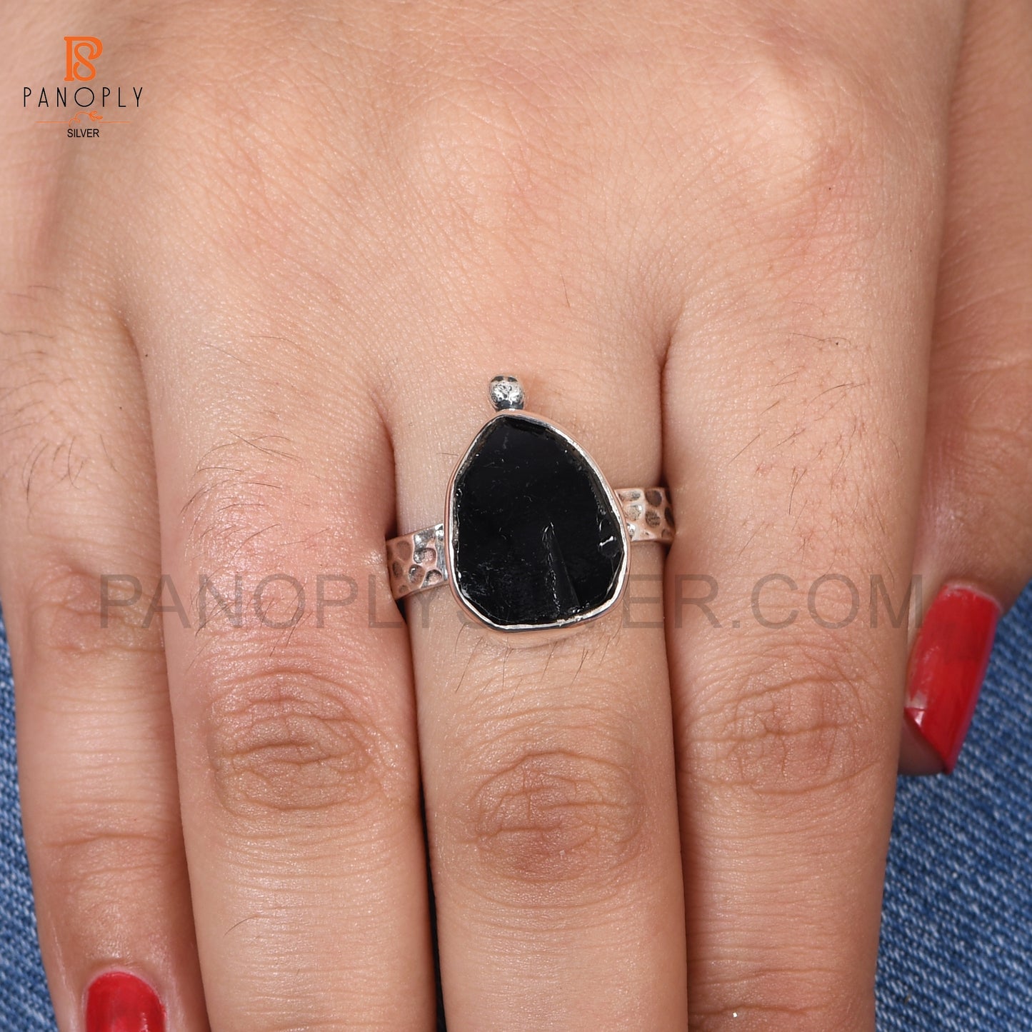 Genuine Raw Black Obsidian 925 Silver Hammered Band Rings