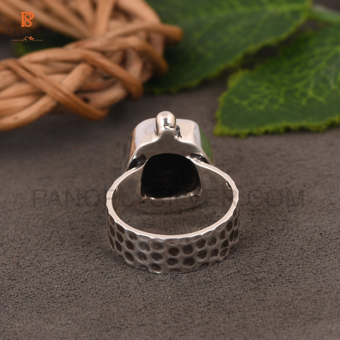 Genuine Raw Black Obsidian 925 Silver Hammered Band Rings
