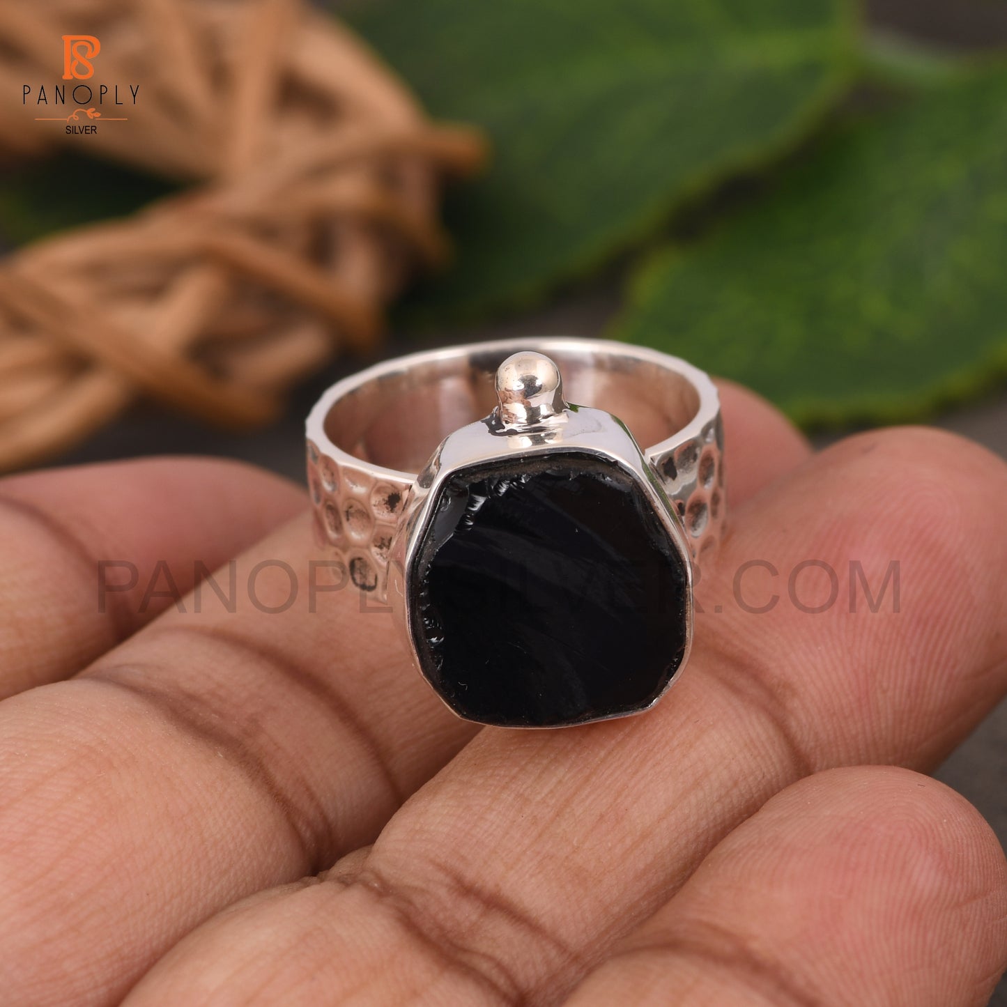 Genuine Raw Black Obsidian 925 Silver Hammered Band Rings