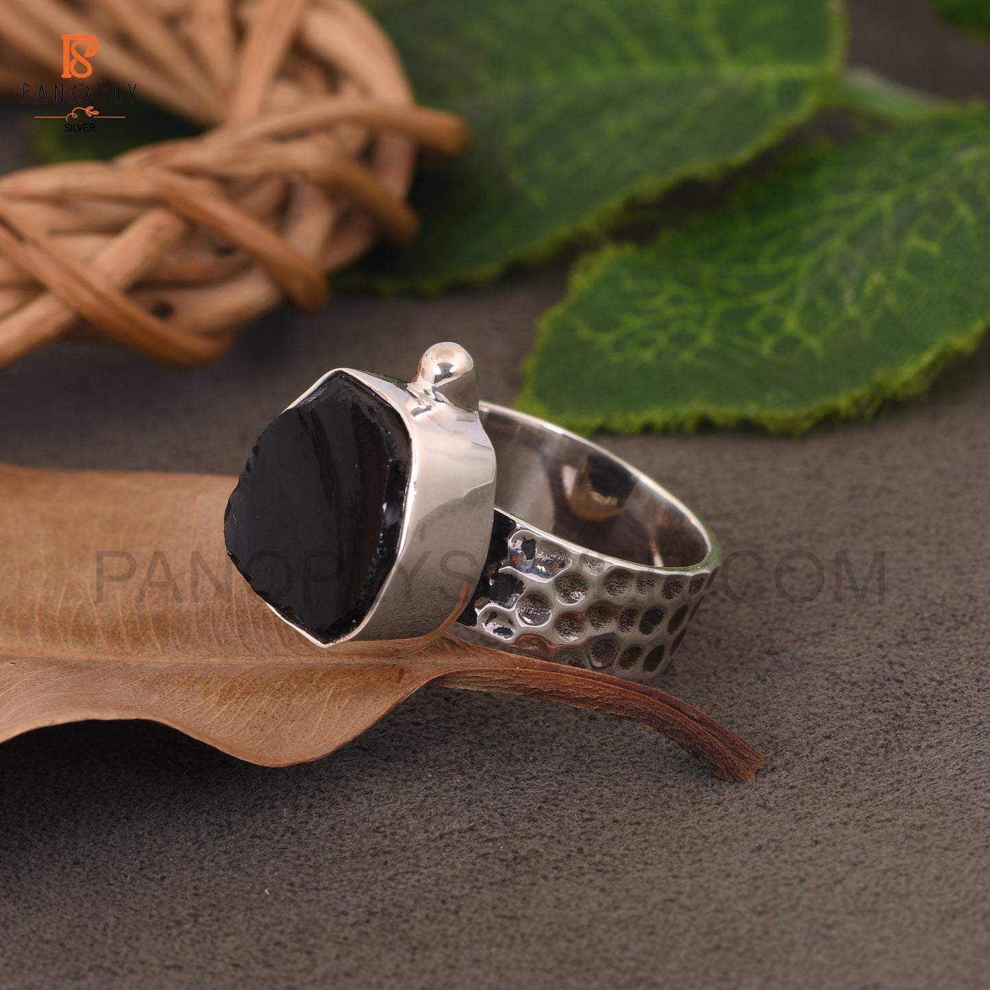 Genuine Raw Black Obsidian 925 Silver Hammered Band Rings