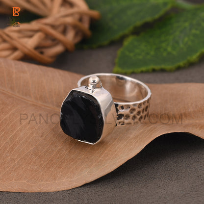 Genuine Raw Black Obsidian 925 Silver Hammered Band Rings
