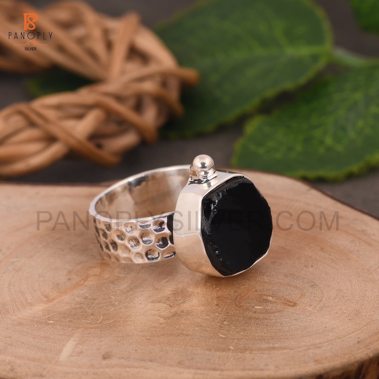 Genuine Raw Black Obsidian 925 Silver Hammered Band Rings