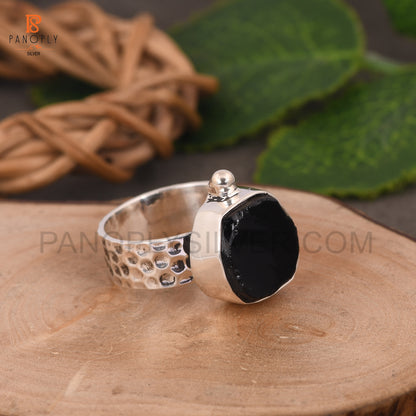 Genuine Raw Black Obsidian 925 Silver Hammered Band Rings