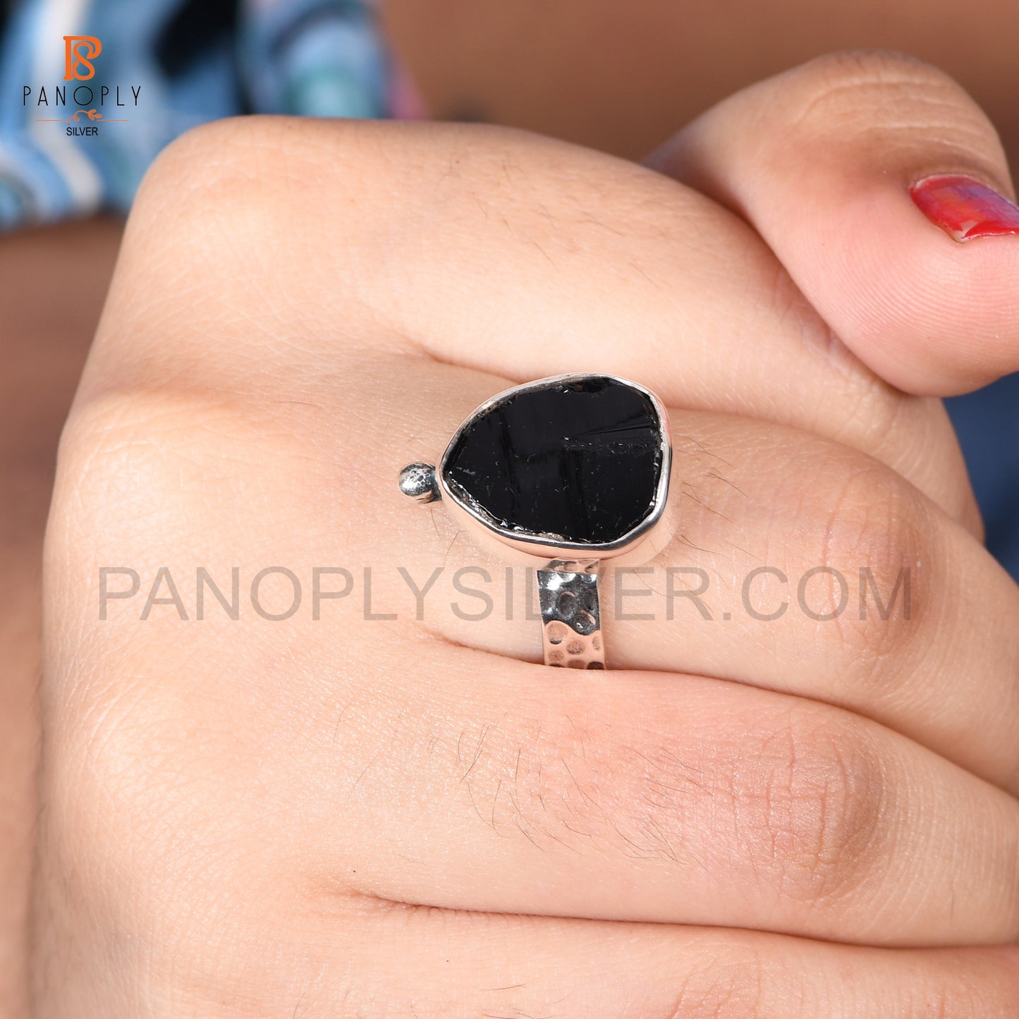 Genuine Raw Black Obsidian 925 Silver Hammered Band Rings