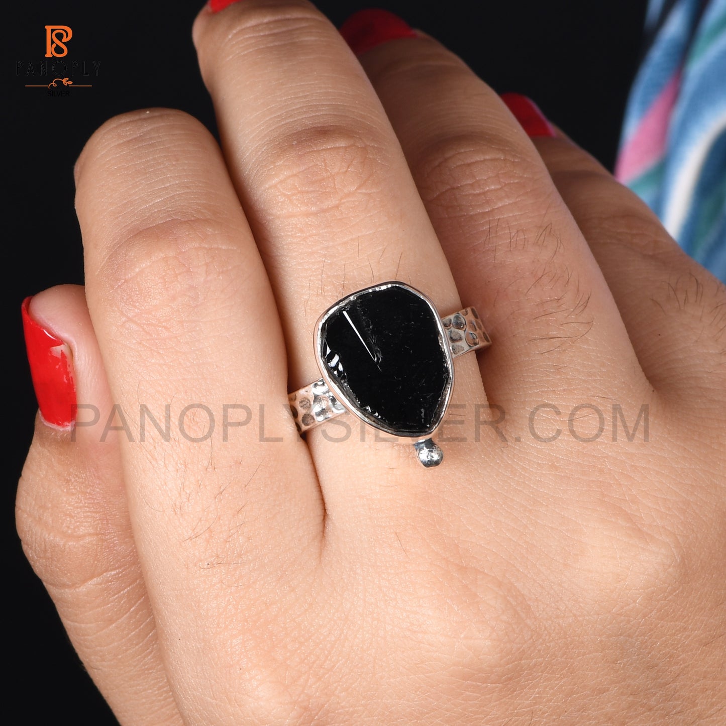 Genuine Raw Black Obsidian 925 Silver Hammered Band Rings