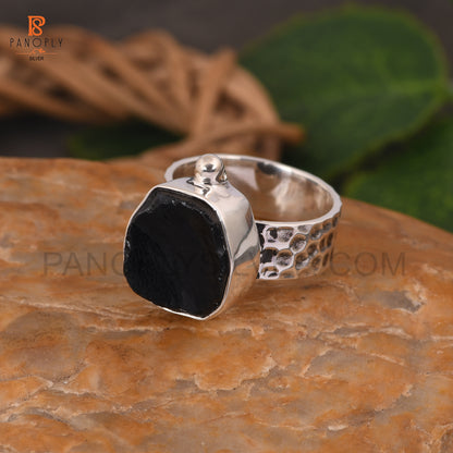 Genuine Raw Black Obsidian 925 Silver Hammered Band Rings