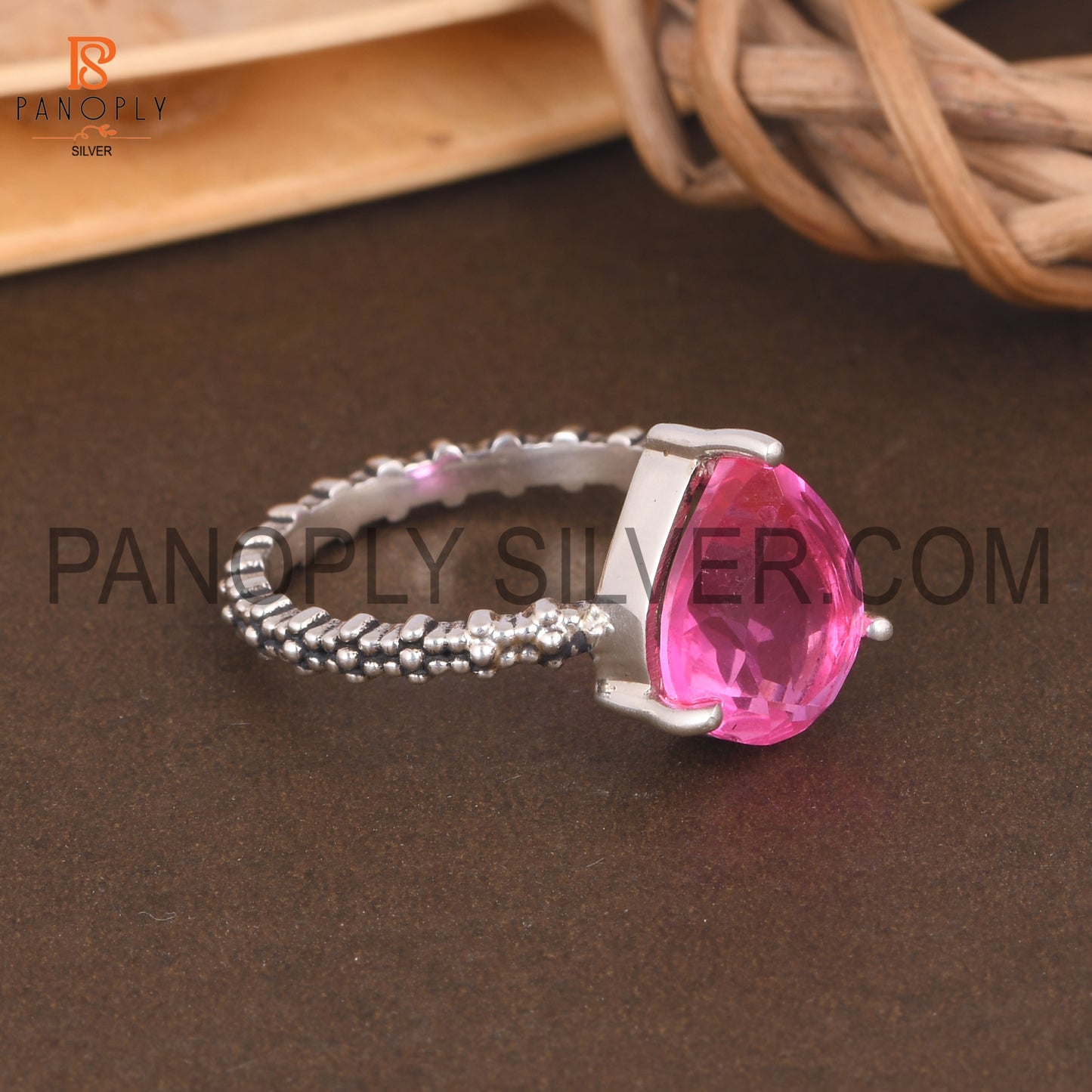 925 Silver Pear Cut Doublet Kunzite Quartz Dots Band Set Ring
